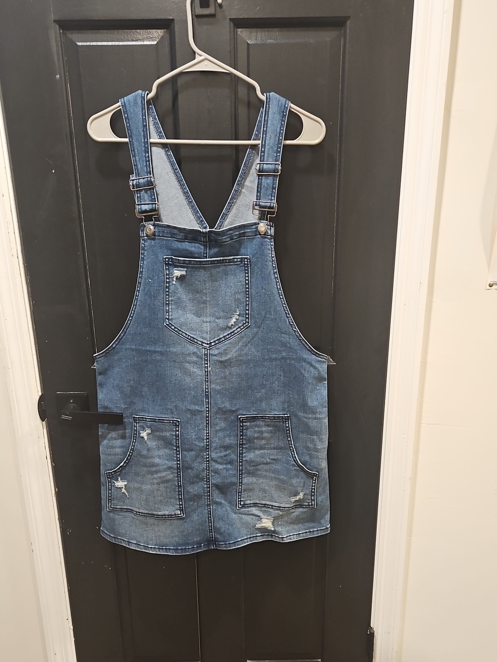 SO Distressed Blue Denim Overall Dress with Front Pockets